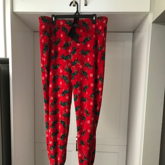 Dacshund Pajama PJ Lounge Pants with Dog Feet Women’s XL Festive Red Fleece - Picture 1 of 7